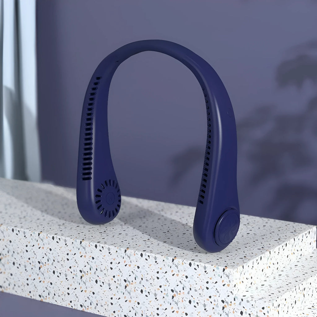 Blue USB rechargeable bladeless neck fan hanging on a flexible neckband.