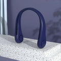 Blue USB rechargeable bladeless neck fan hanging on a flexible neckband.