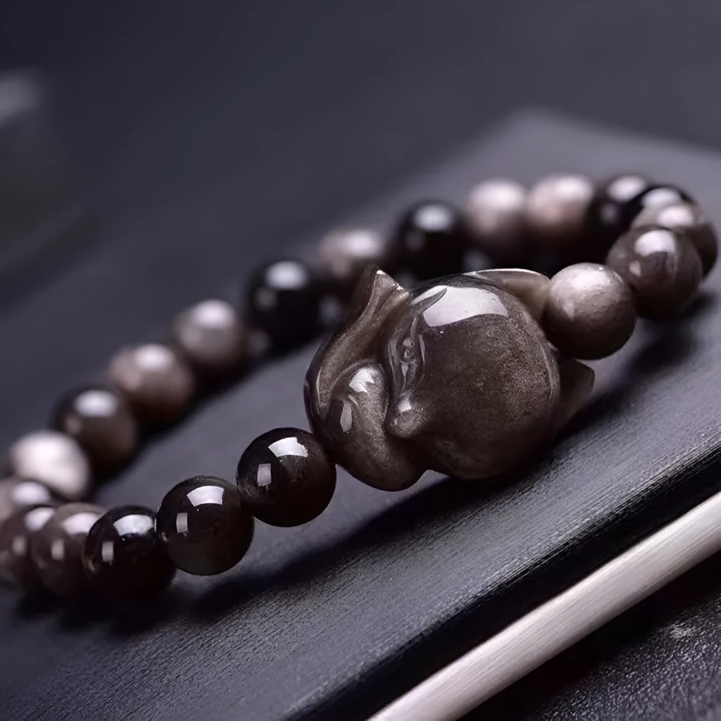 Obsidian fox bracelet for women with 8mm polished stone beads and silver-plated fox charm jewellery