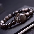 Obsidian fox bracelet for women with 8mm polished stone beads and silver-plated fox charm jewellery