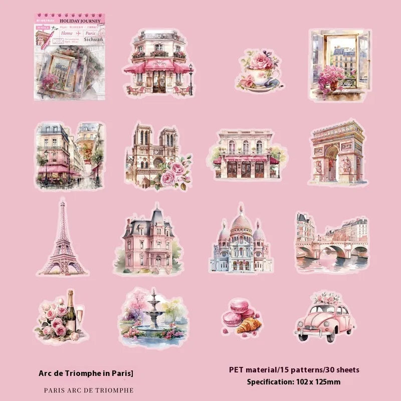 Holiday Journey Series architecture journal stickers with retro illustrations of seven famous landmarks