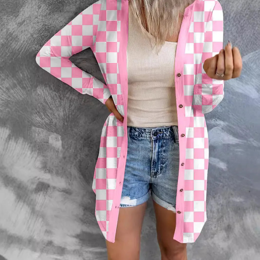 Long grey plaid patterned women's knitted cardigan coat with loose fit and regular sleeves.