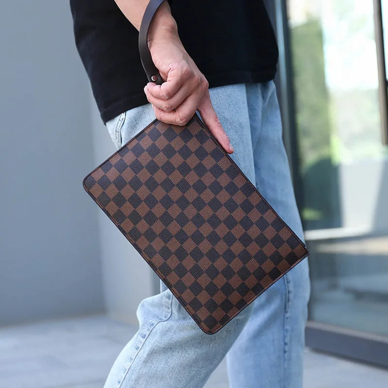 Men's soft PU leather plaid clutch wallet showing card slots and zipper pocket
