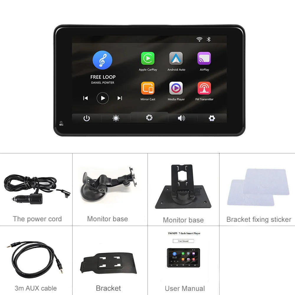 7-inch HD wired screen car player with universal mounting supports and connectivity cables