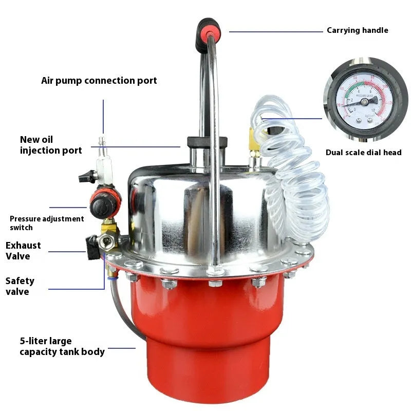 Steel pneumatic brake fluid replacement machine with 10 litre tank, pressure gauge and regulator controls