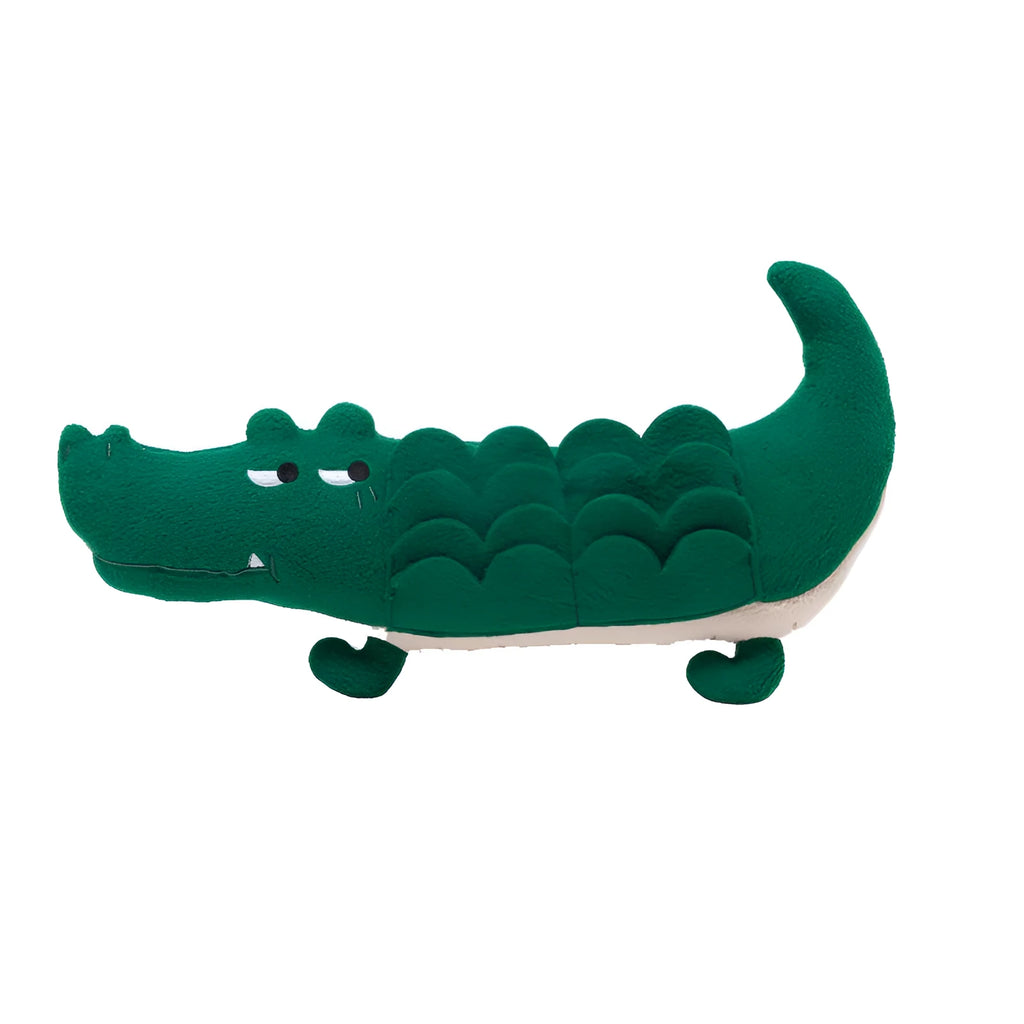 Green plush toy dog with interactive features, shown with scale indicating 35 cm length.