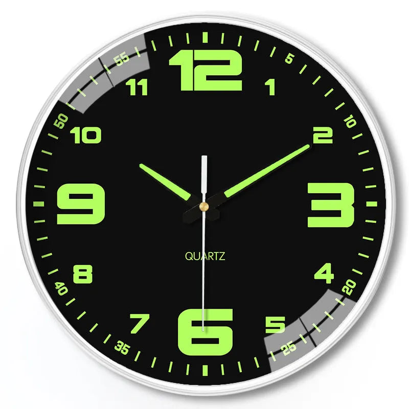 20cm modern wall clock with luminous hands and a thick plastic shell in multiple colour options.
