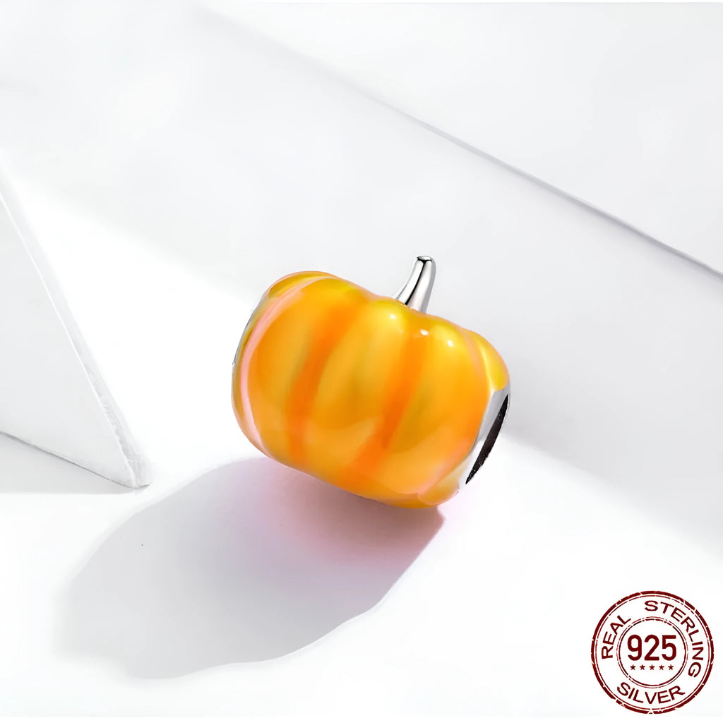 Silver pumpkin bead with yellow drip oil finish for Halloween jewellery making, single scattered bead