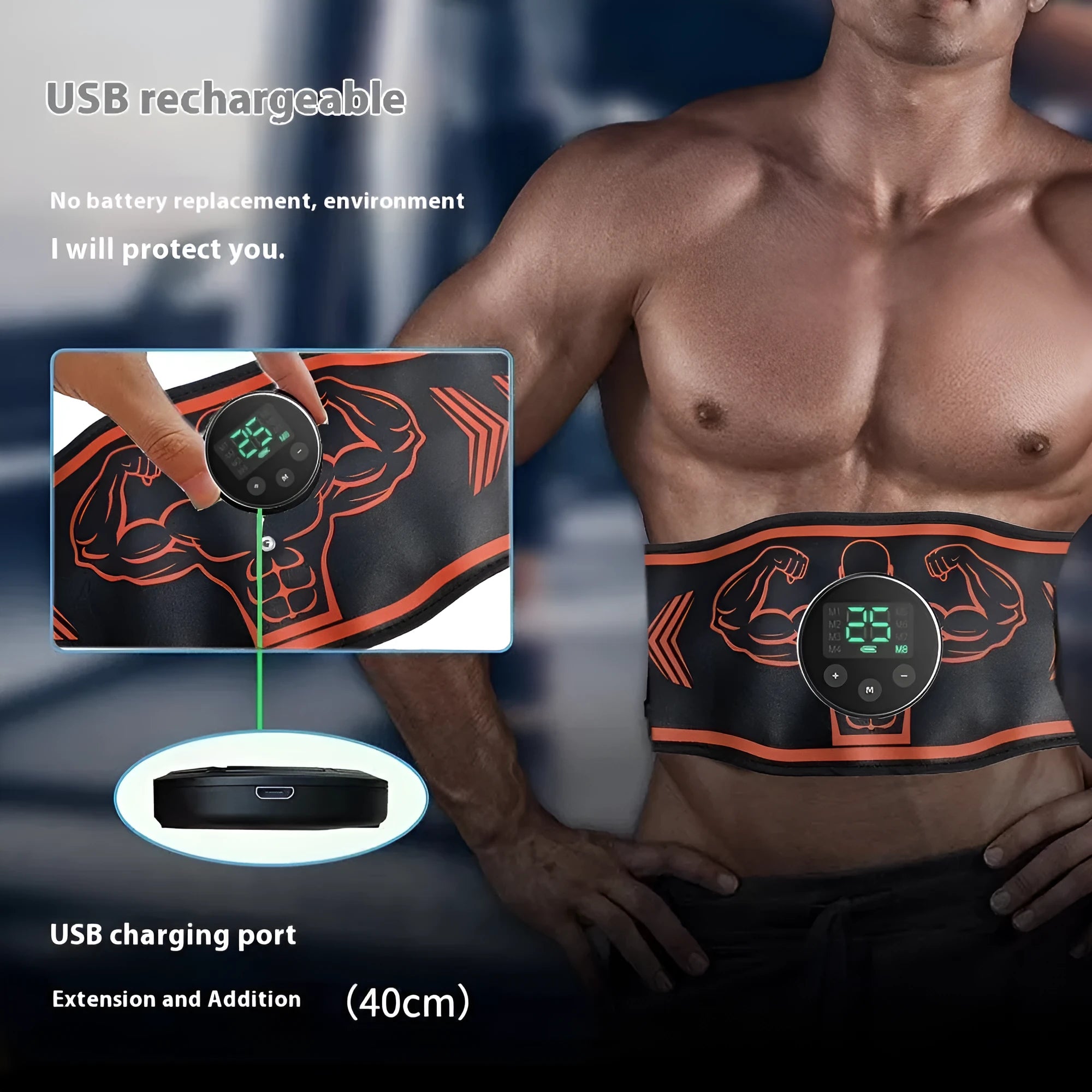 Blue rechargeable EMS smart massage belt with arm stickers and timing function