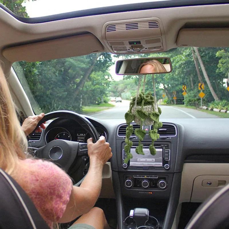 Green and white knitted wool car plant decoration basket with white hanging cord.