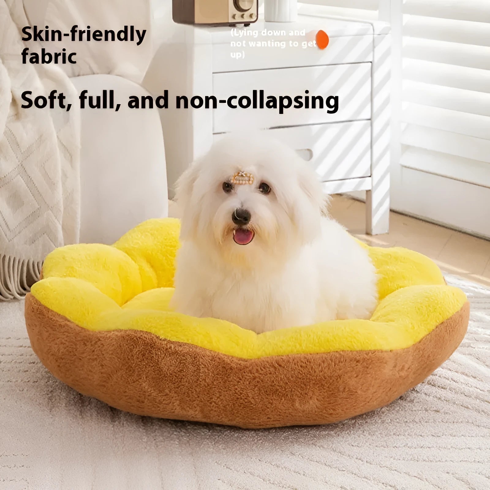 Round plush cat bed with detachable cover in yellow brown flower nest pattern
