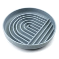 Silicone slow feeder dog bowl with ridges in beige, charcoal, blue, yellow, green, or red.