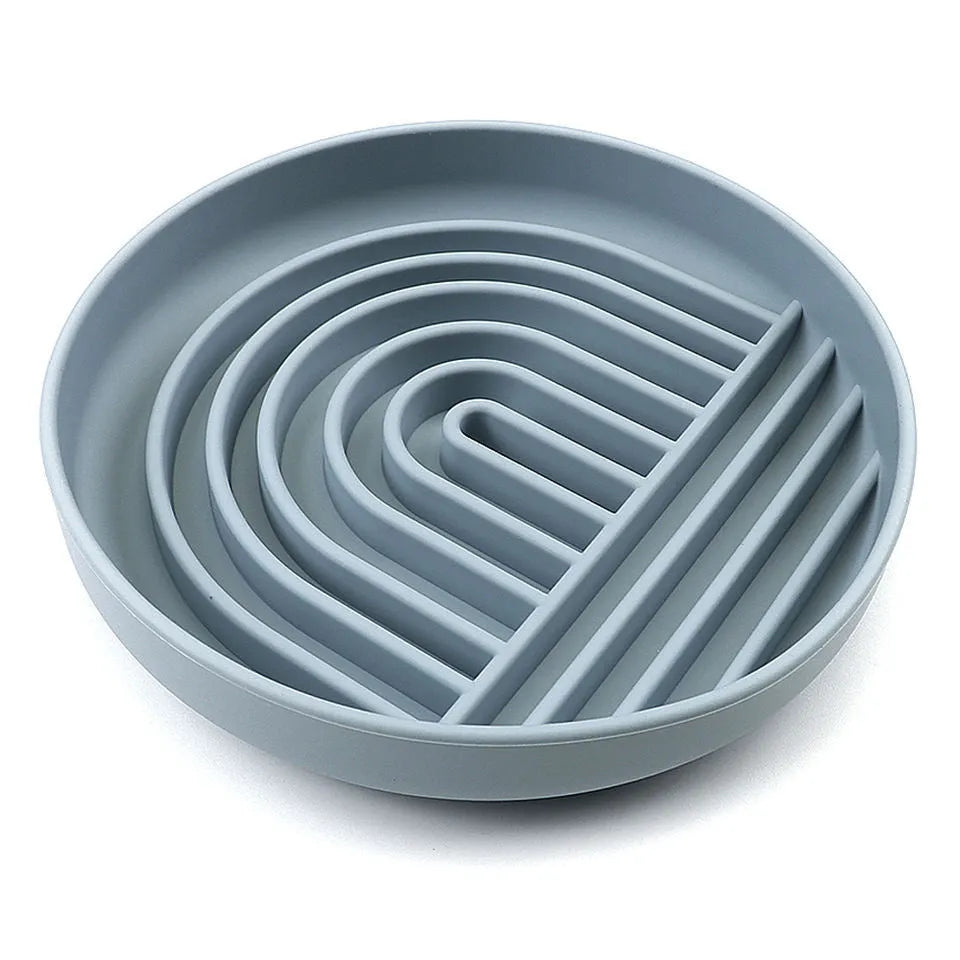 Silicone slow feeder dog bowl with ridges in beige, charcoal, blue, yellow, green, or red.