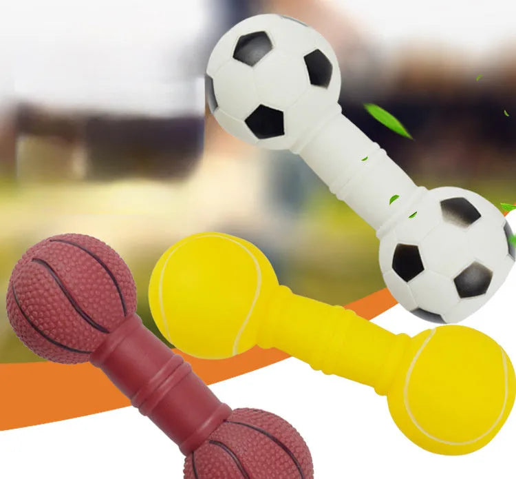 Four coloured brown, orange, white, yellow dumbbell shaped squeaky football dog toys.