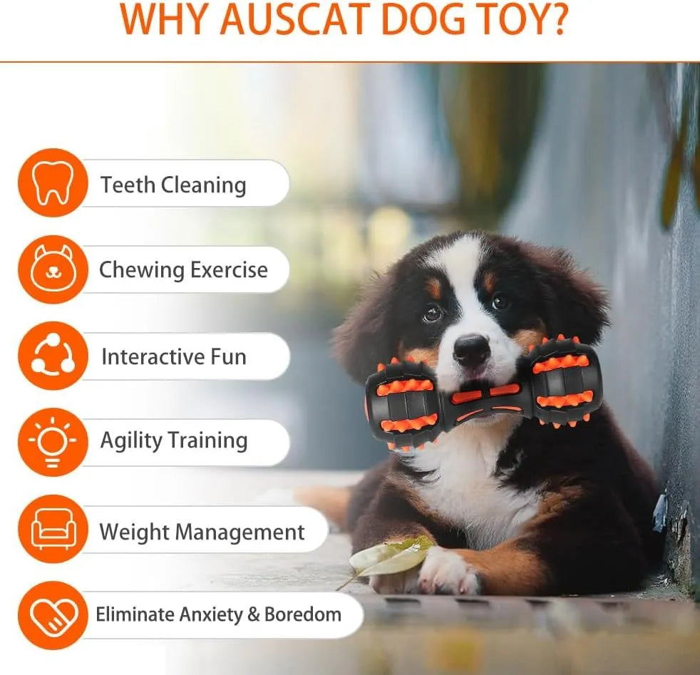 Red dumbbell-shaped rubber dog chew toy with textured surface for dental cleaning