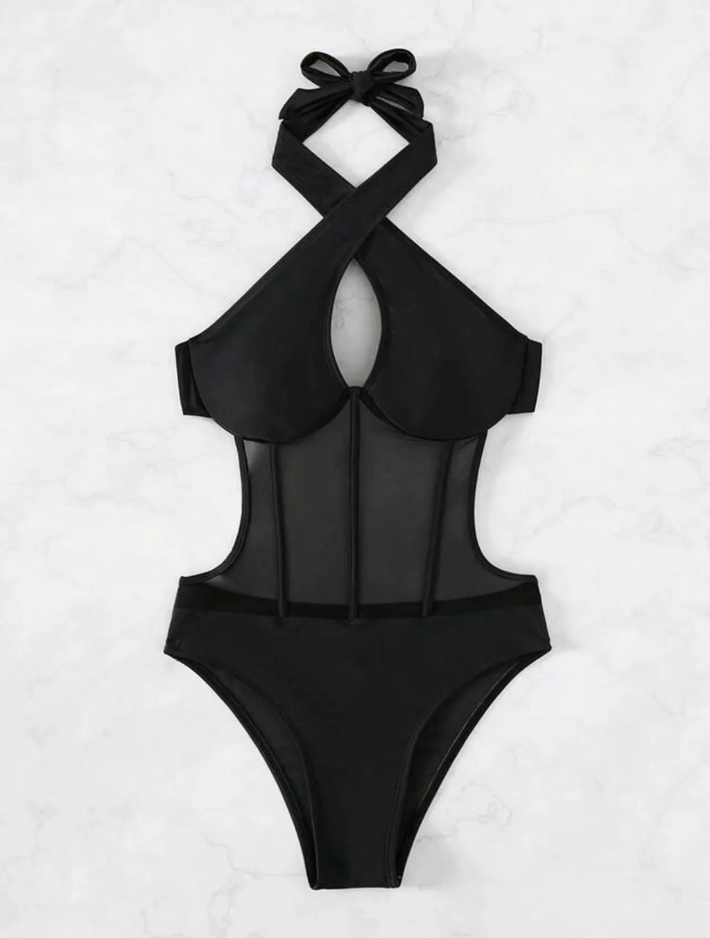 Women's black one-piece swimsuit bikini made from nylon and spandex fabric