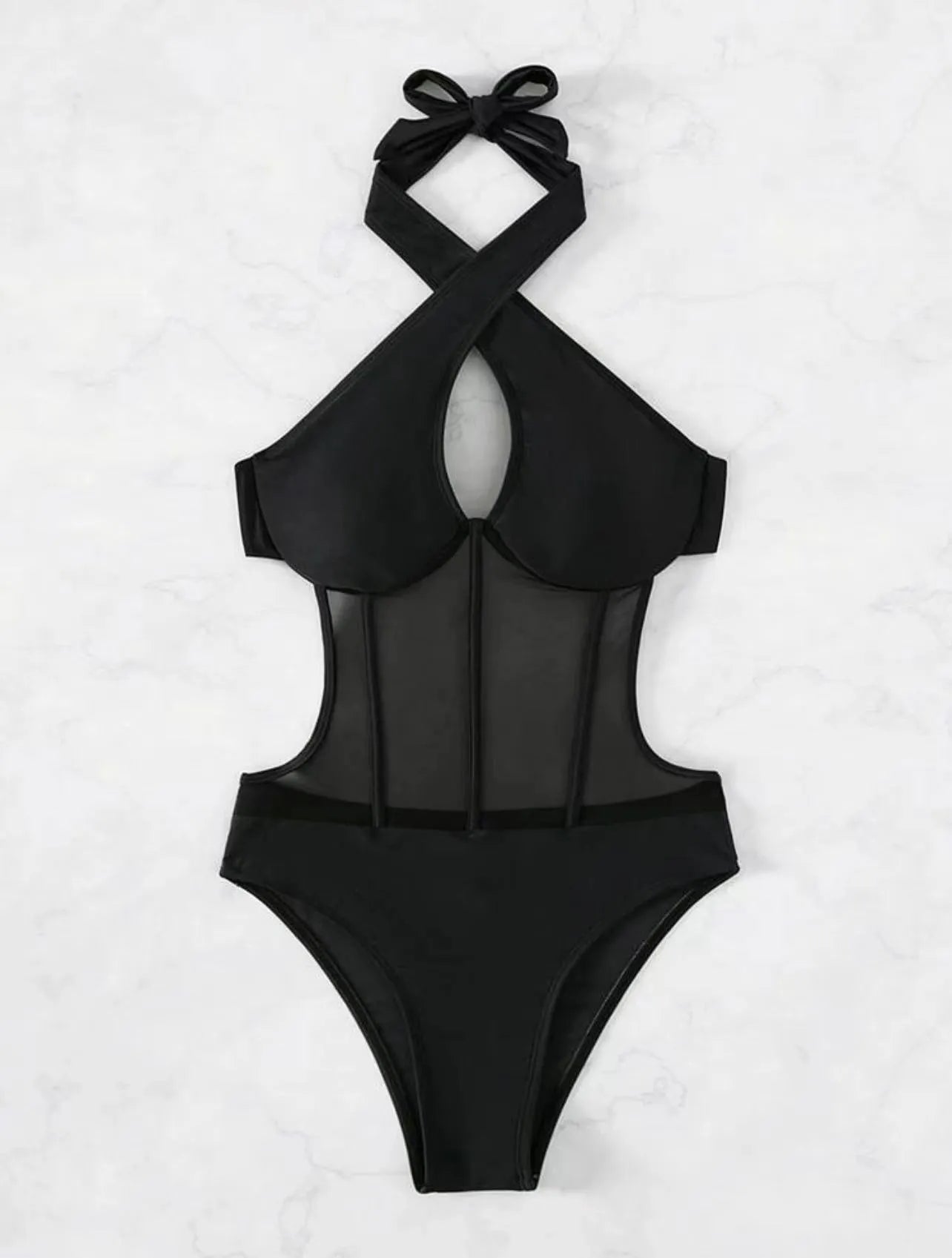 Women's black one-piece swimsuit bikini made from nylon and spandex fabric