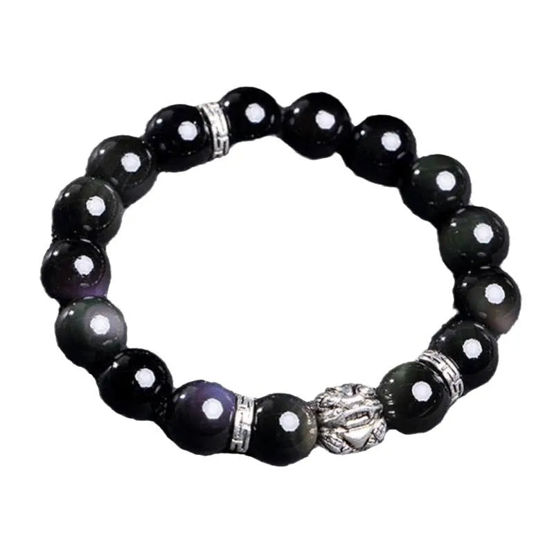 Natural obsidian stone bracelet with cloud pattern, showing 10mm and 12mm bead size options.