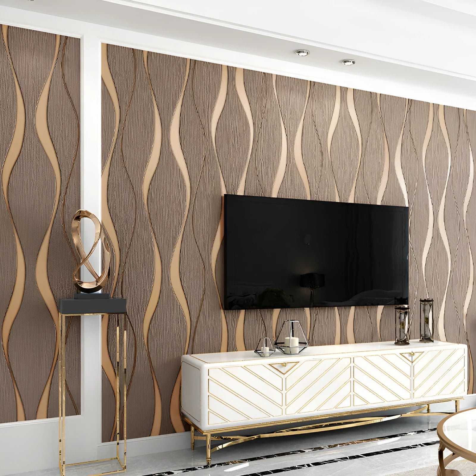 Close-up of dark brown curve stripe 3D velvet texture decorative wallpaper roll