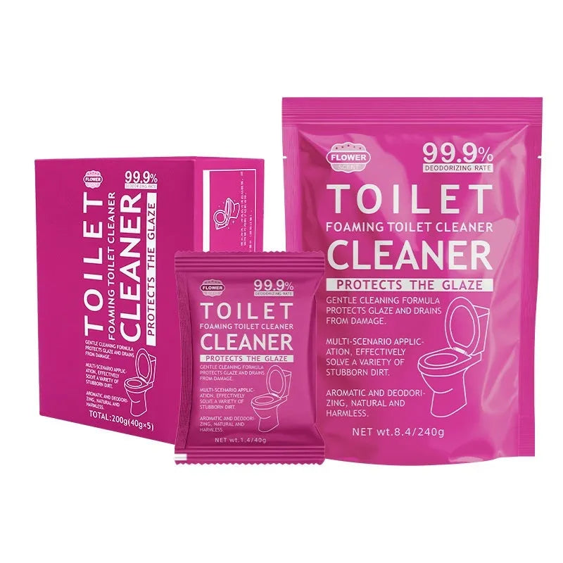 Toilet effervescent cleaning powder in blue ocean or pink floral fragrance, packaged in a large bag or box of sachets