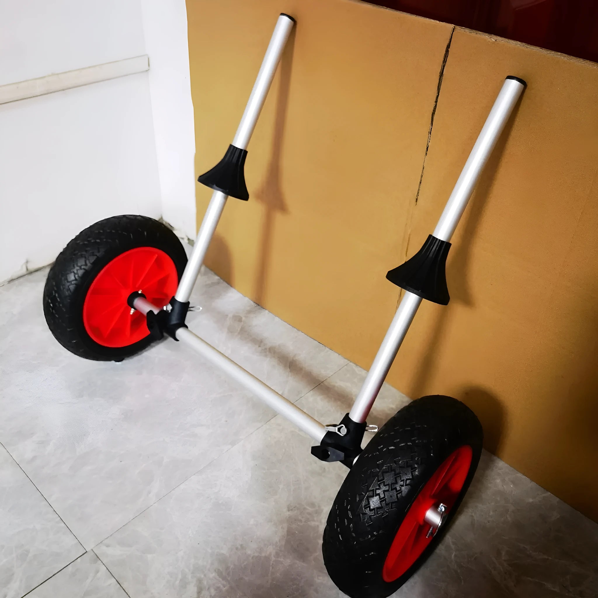 Foldable aluminium kayak trolley with upright platform and wheels