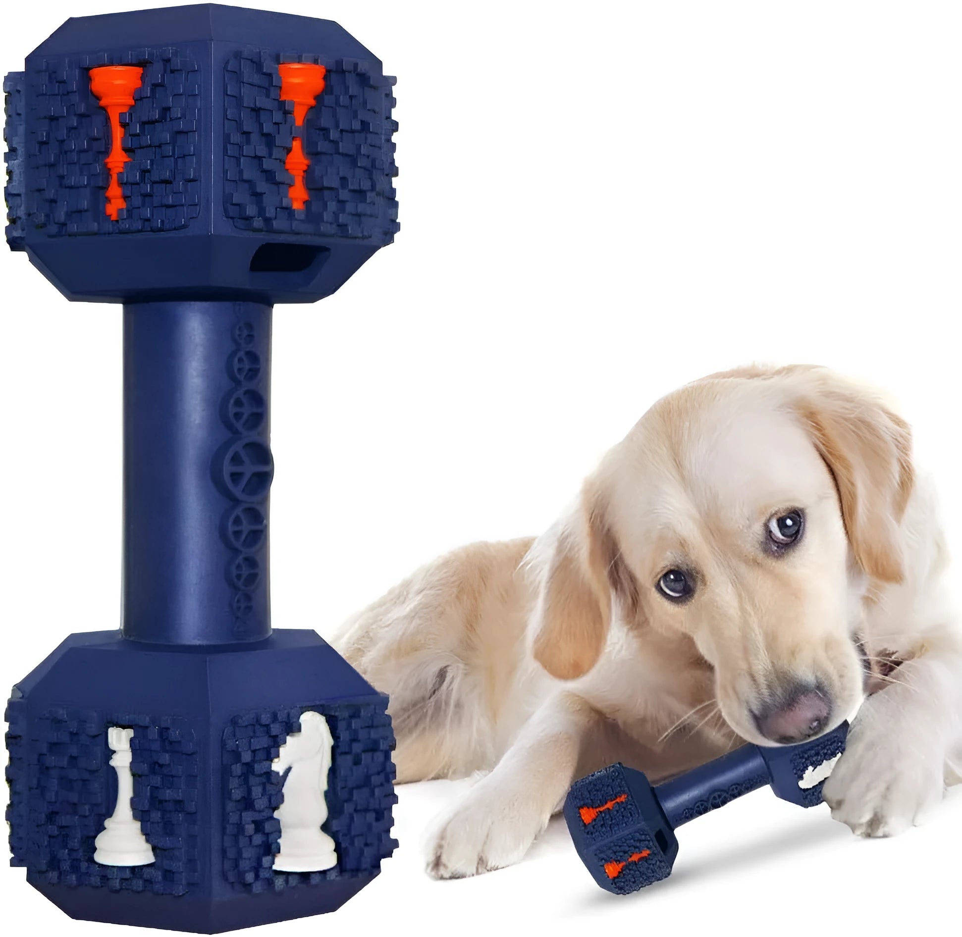 Blue hollow dumbbell-shaped dog chew toy with textured surface on a white background.