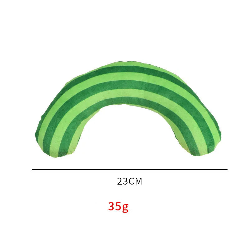 Green, rainbow, and yellow striped cat pillow and noise toy set on a white background
