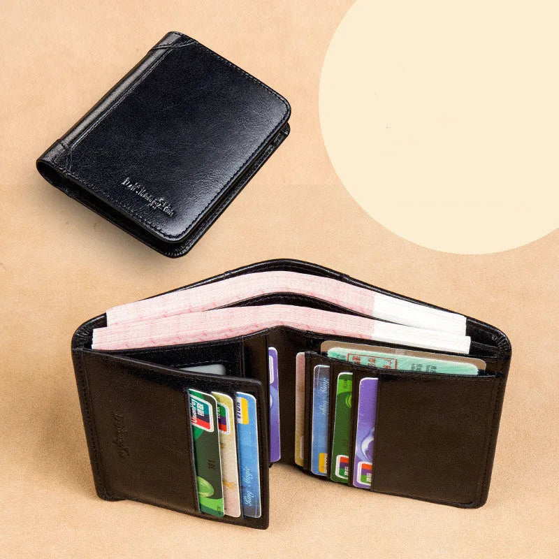 Men's leather wallet in black or brown showing internal compartments for cards, photos, banknotes, coins and documents