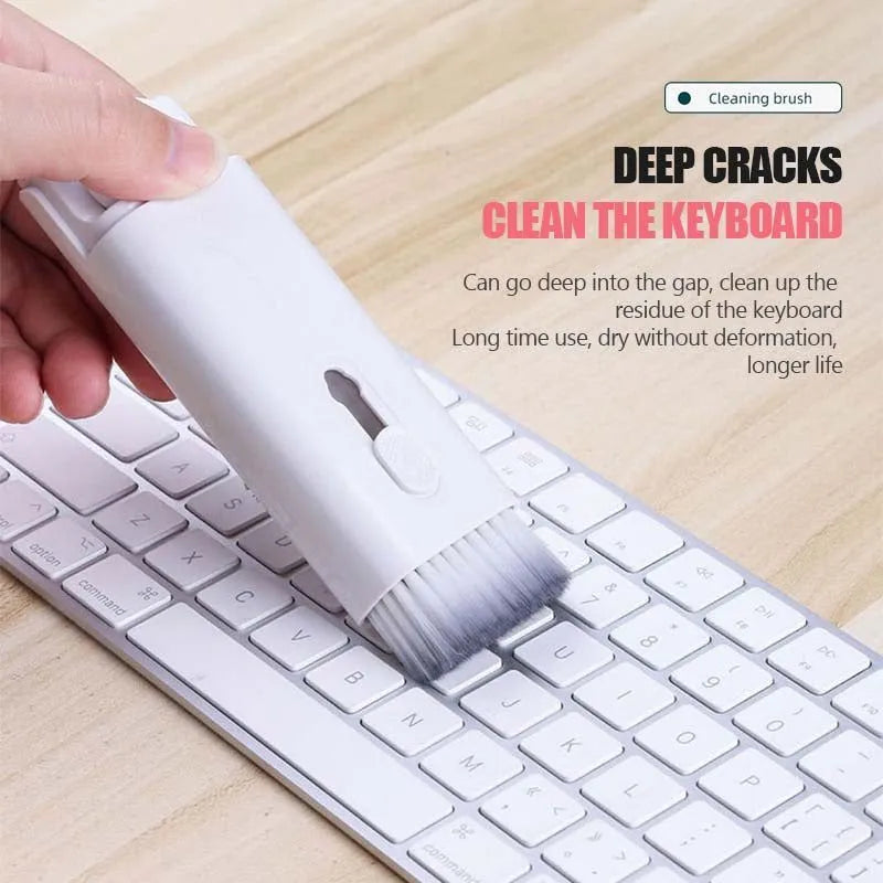 Multifunctional cleaning pen set with keycap puller, screen spray, and retractable brush in ABS, 60x130x15mm