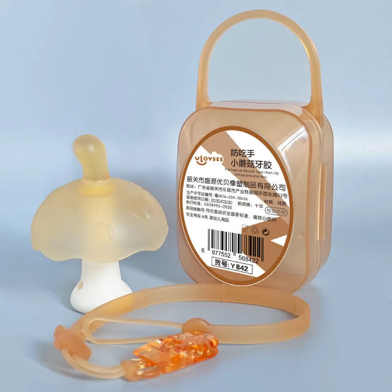 Small mushroom-shaped silicone chewing gum with a chain and transparent storage box in pink or nano colour.