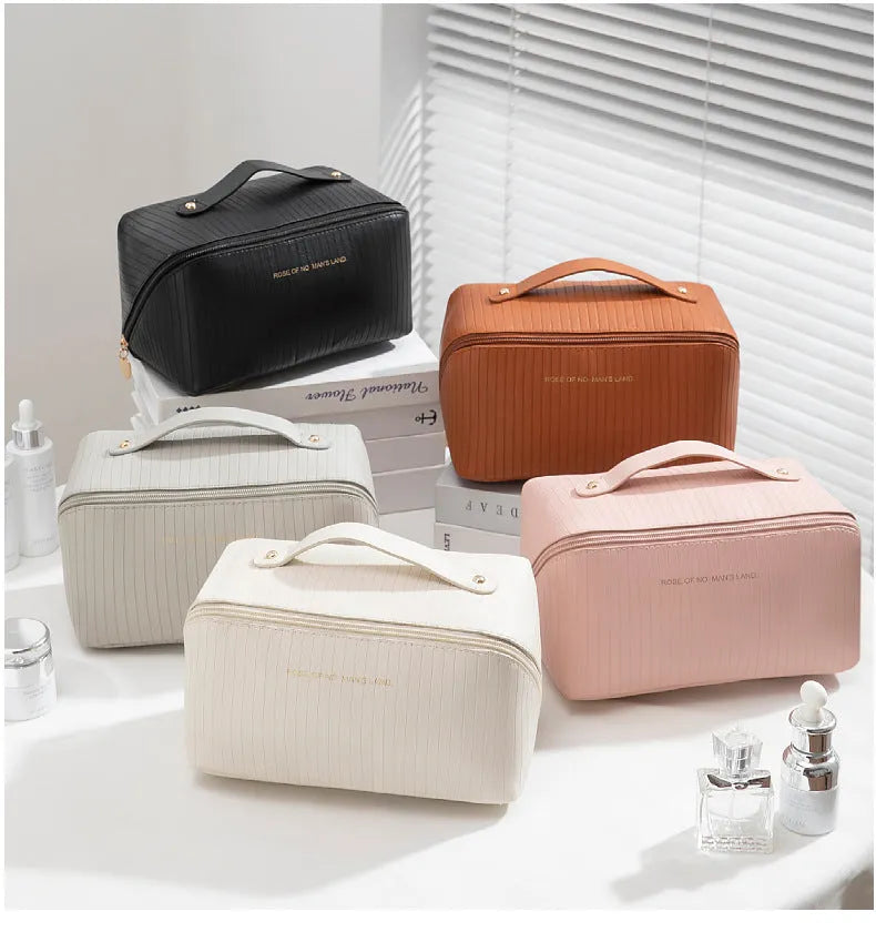 Vertical pattern pillow makeup bag in cubic shape with PU leather construction