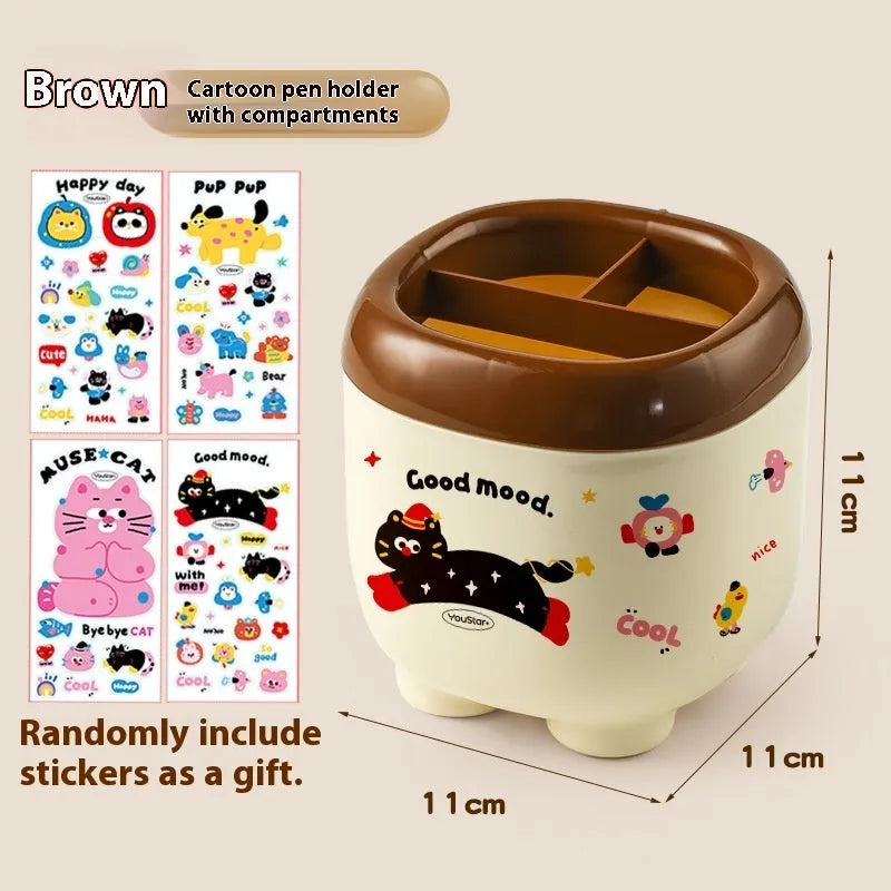 Plastic desktop storage box with cartoon stickers showing 2L capacity for stationery organisation