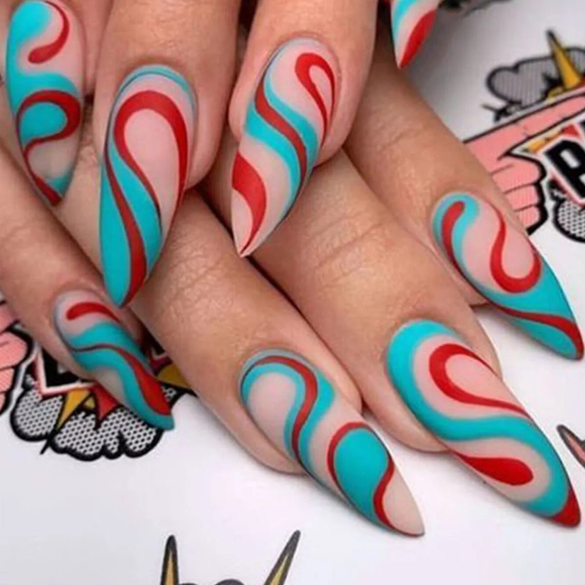 Almond-shaped nail stickers with colourful lines and rainbow patterns in plaid design