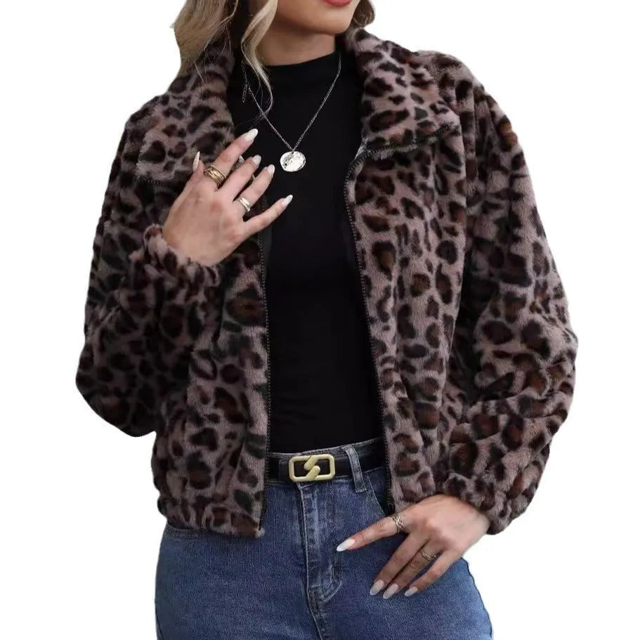 Women's loose fit leopard print plush coat with full-length zipper and raglan sleeves