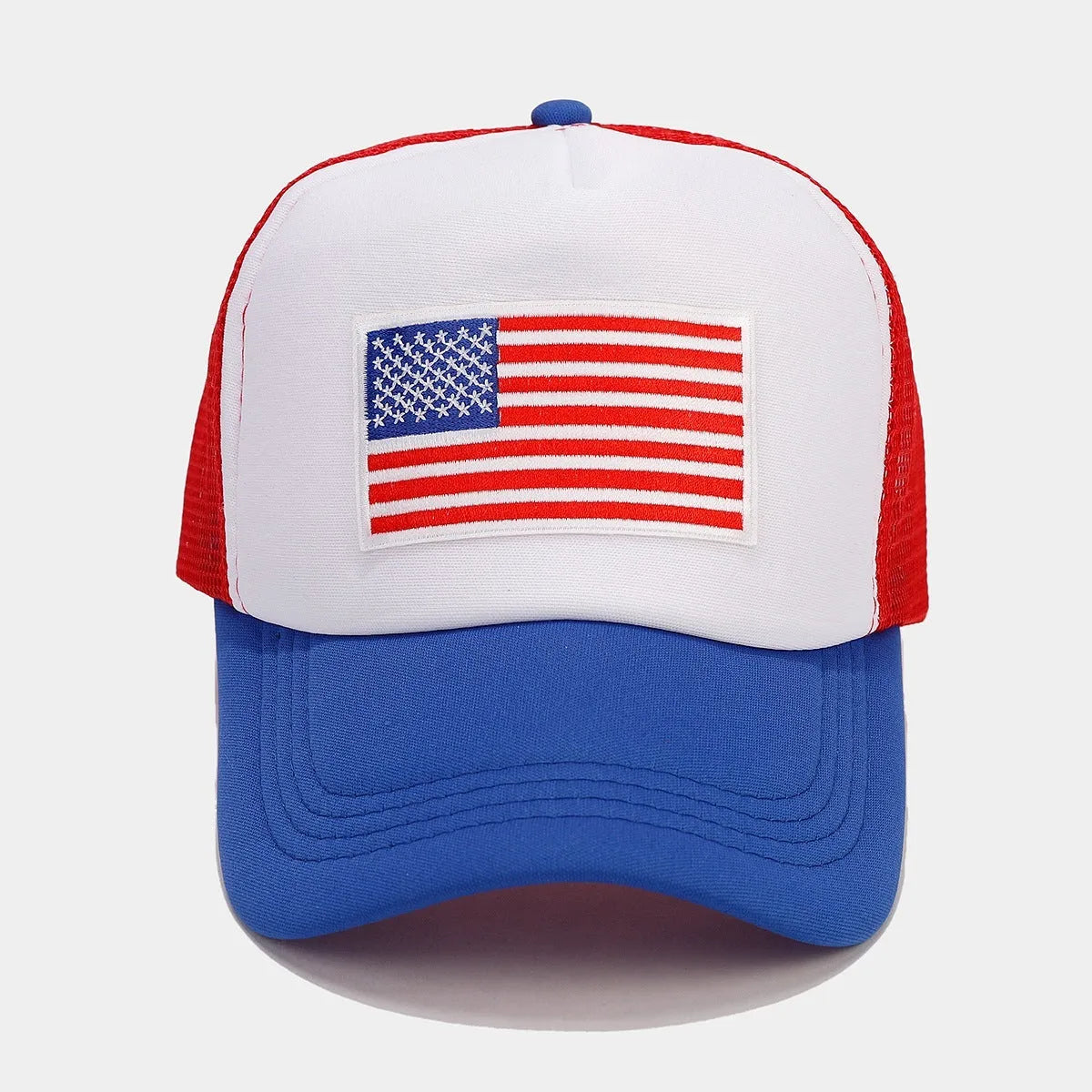 Red and blue contrast mesh baseball cap with adjustable closure and dome crown