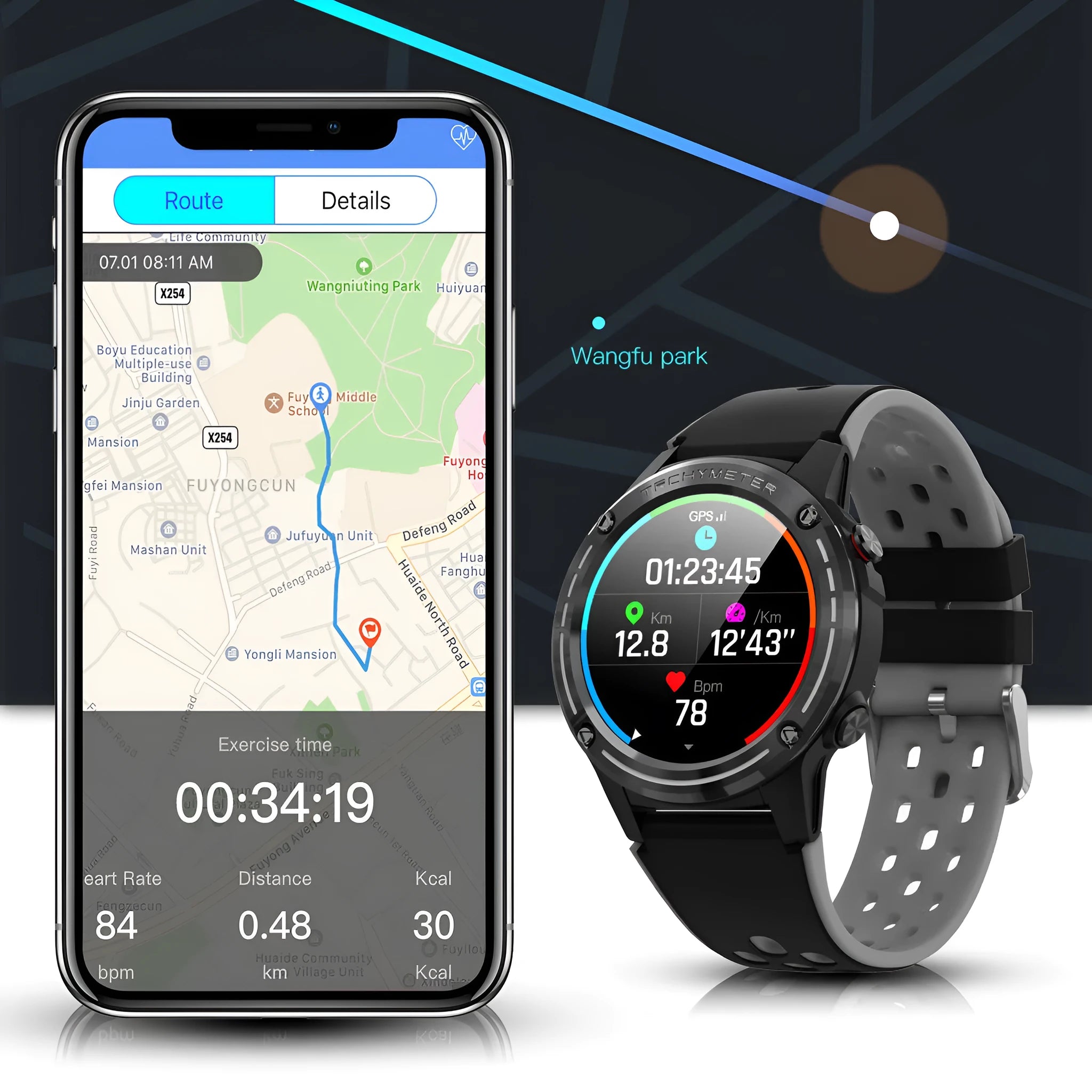 GPS smart watch with black silicone strap and toughened glass screen showing fitness tracking display