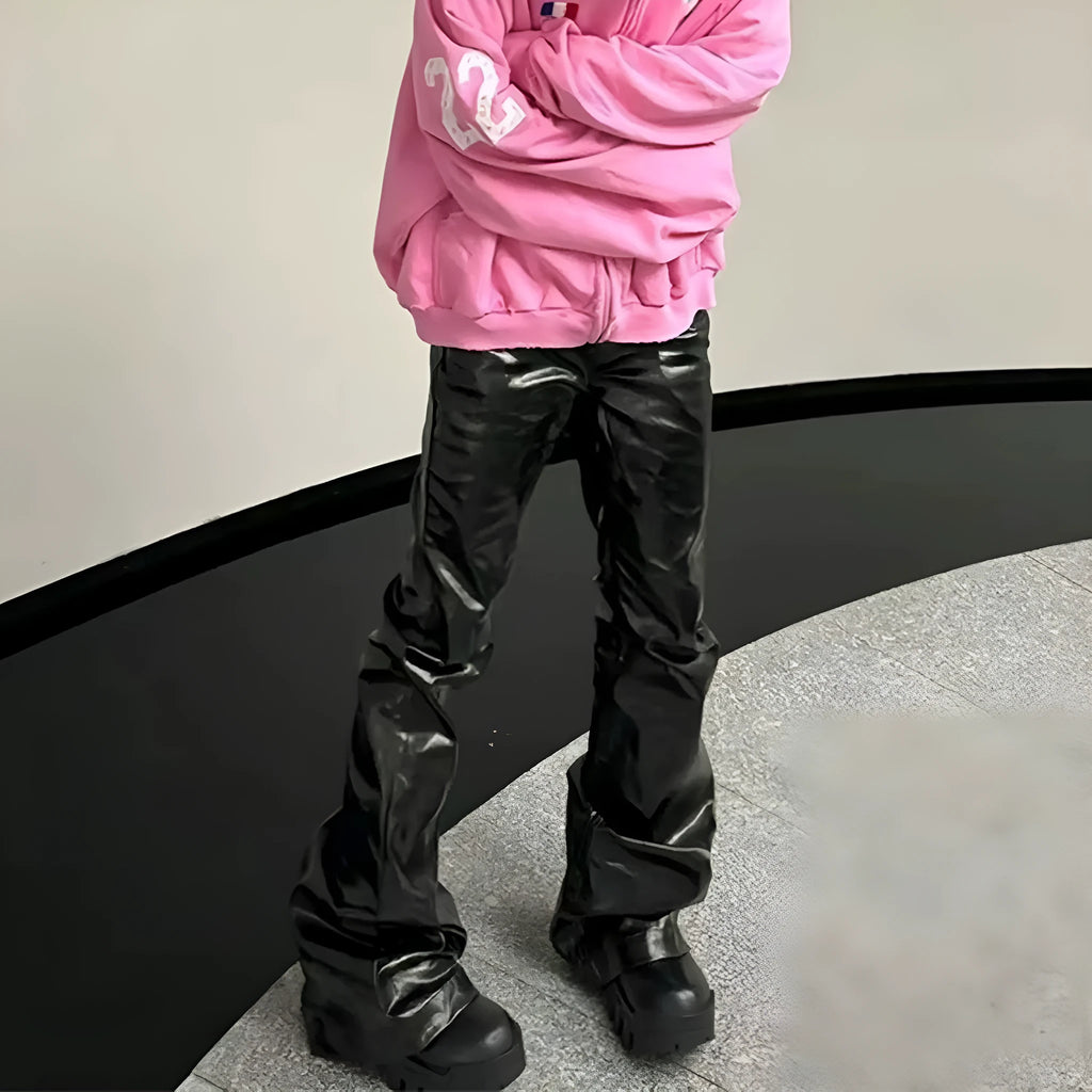 Black shiny patent leather effect skinny jeans with a straight leg and mid waist.