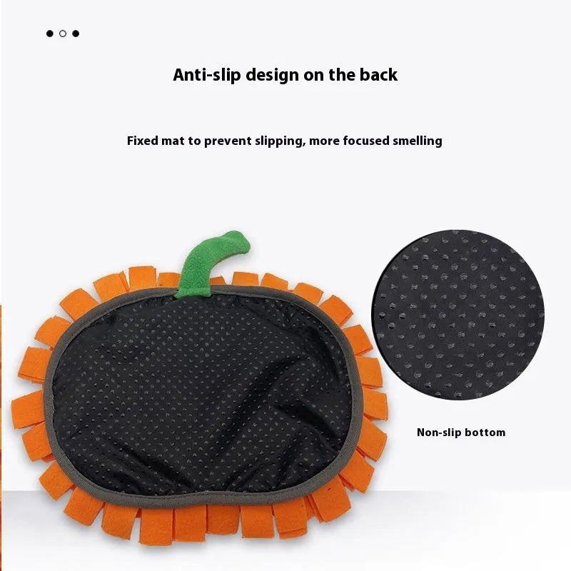 Orange pumpkin-shaped pet smell mat for slow feeding with polar fleece texture