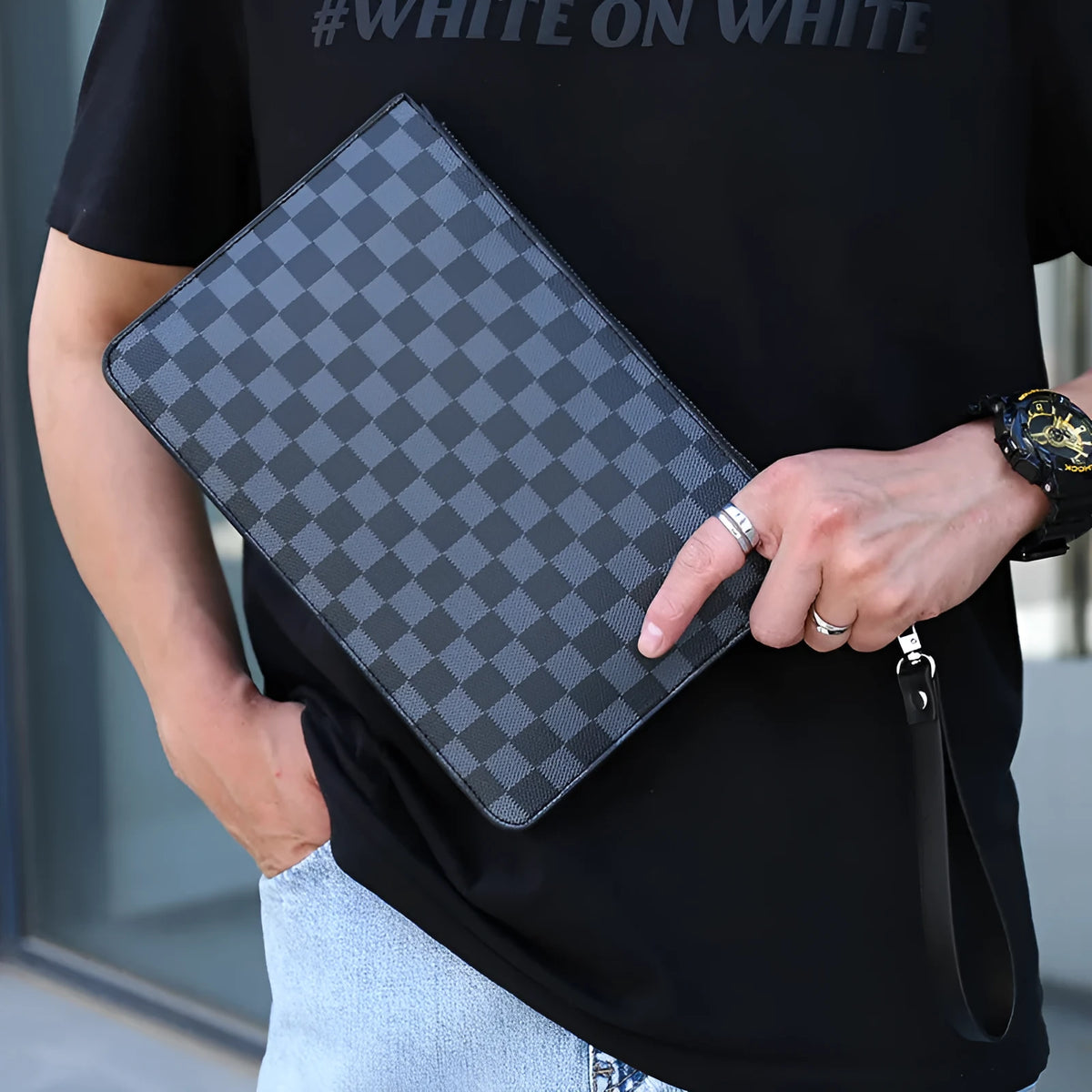 Men's soft PU leather plaid clutch wallet showing card slots and zipper pocket