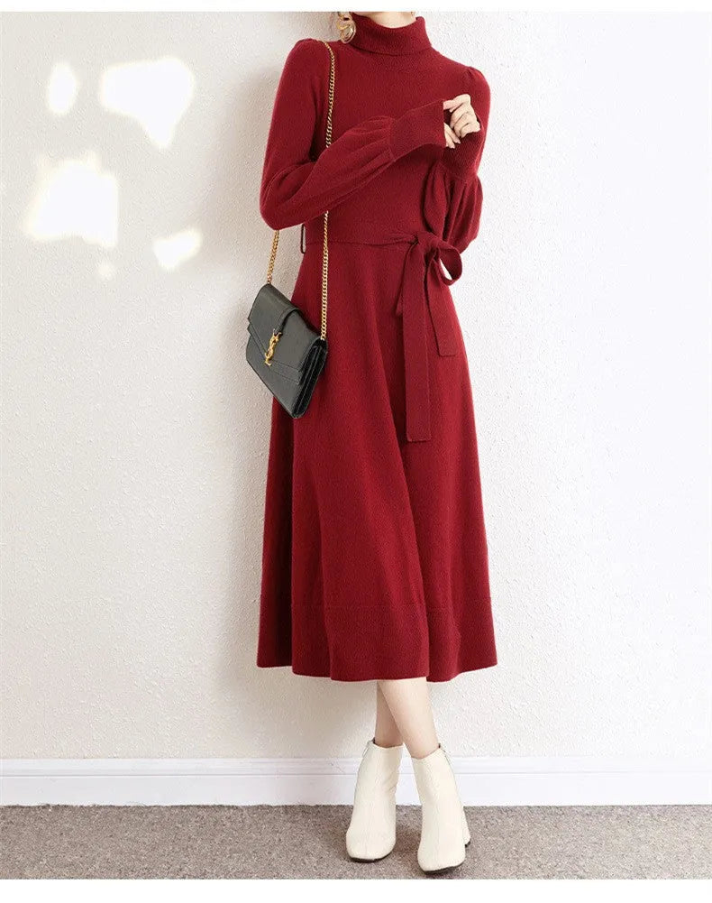 Turtleneck knit dress with elastic waist and loose hem in polyester fabric, shown in solid colour options