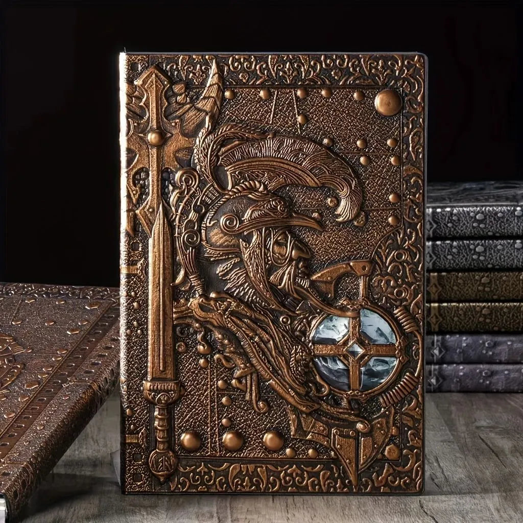A5 leather notebook with an embossed 3D warriors design on the cover, shown in bronze colour.