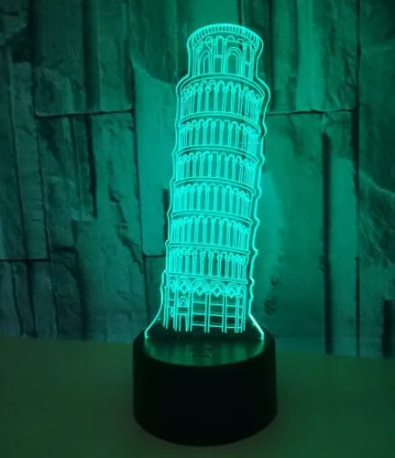 3D Leaning Tower of Pisa acrylic nightlight on black base with multi-colour LED illumination.