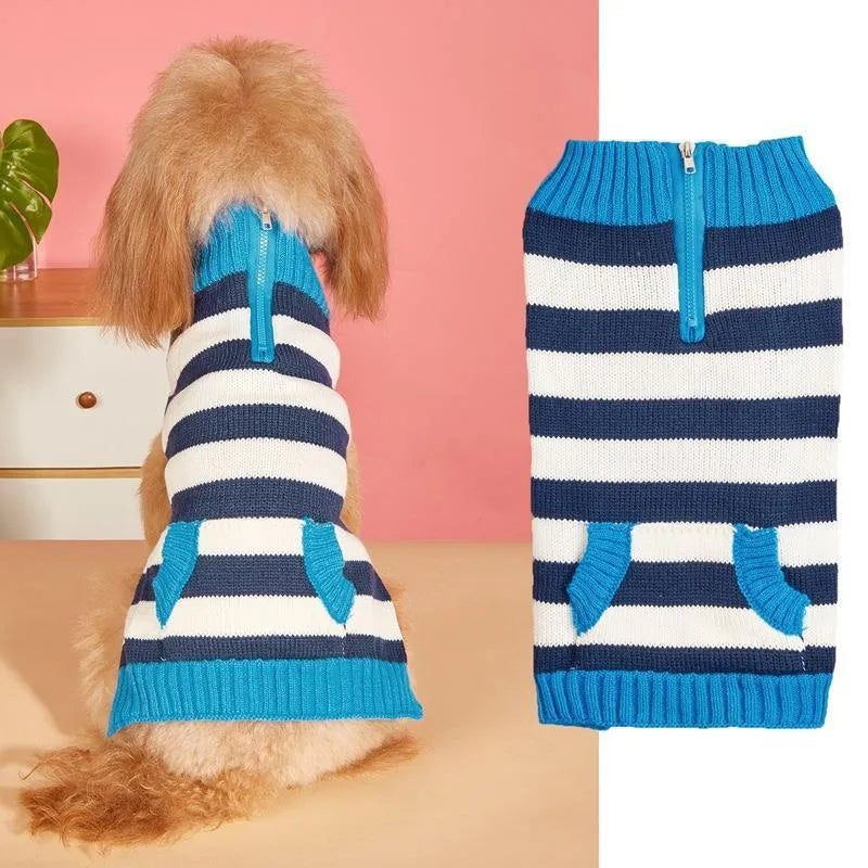 Grey dog sweater with horizontal zipper and button pocket on small breed dog
