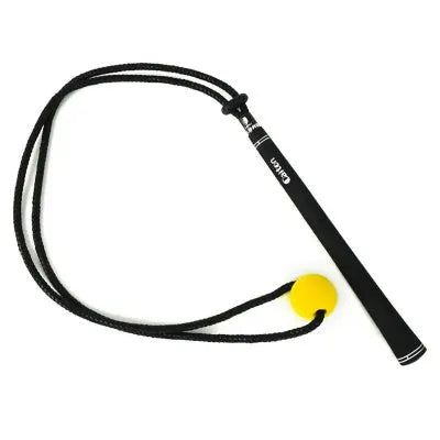 Black silicone elastic golf swing trainer rope for practice and correction drills.