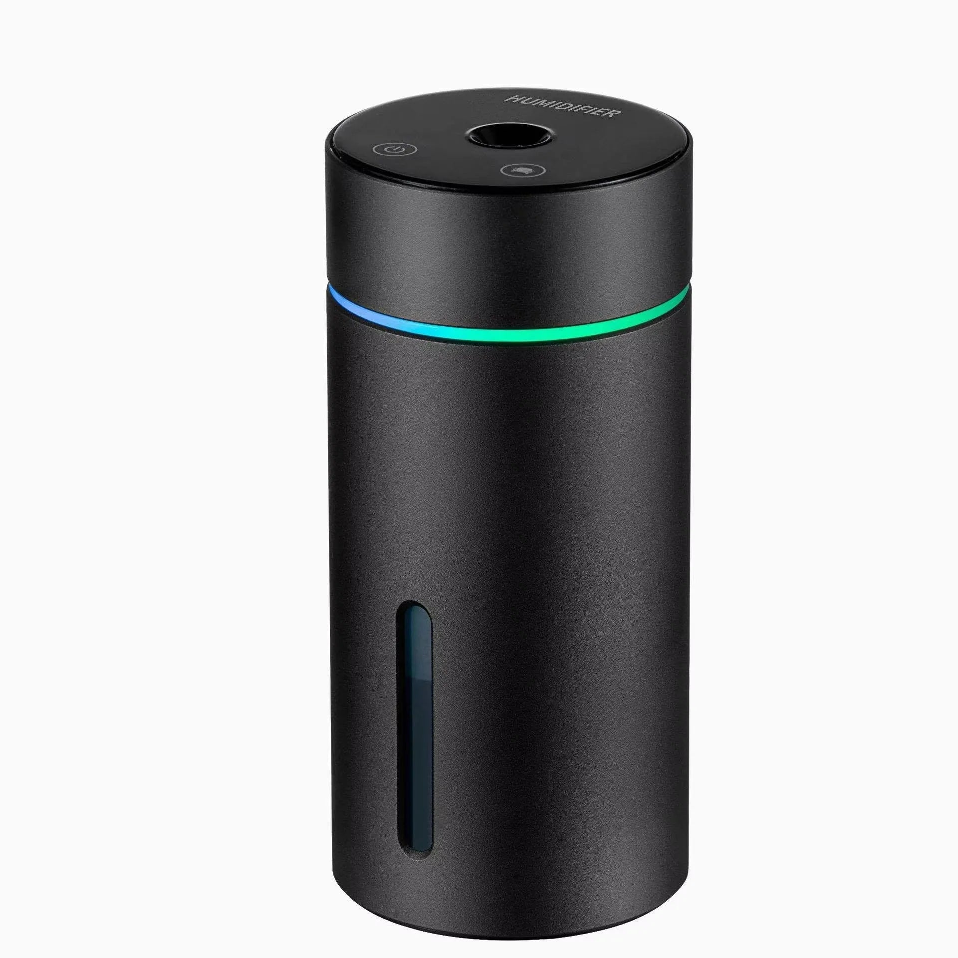 Black aluminium car humidifier and essential oil diffuser with night light on a desk.