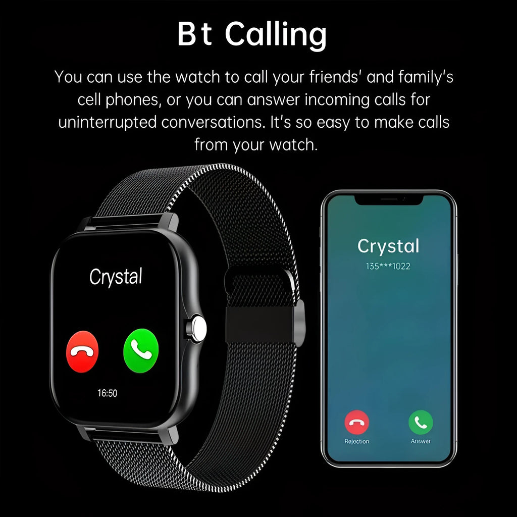 Smart watch with 1.44-inch touchscreen displaying health metrics and call interface on silicone wrist strap