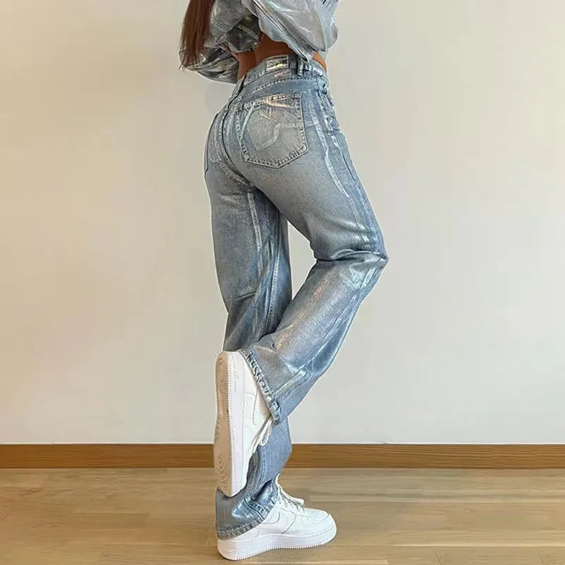 Washed blue straight leg jeans with high waist and contrast colour details on mannequin