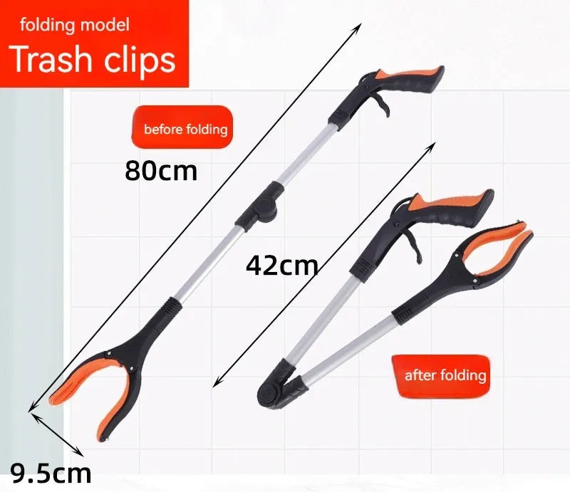 Foldable aluminium alloy garbage clamp with magnet sucker, extended to 80cm with blue handle