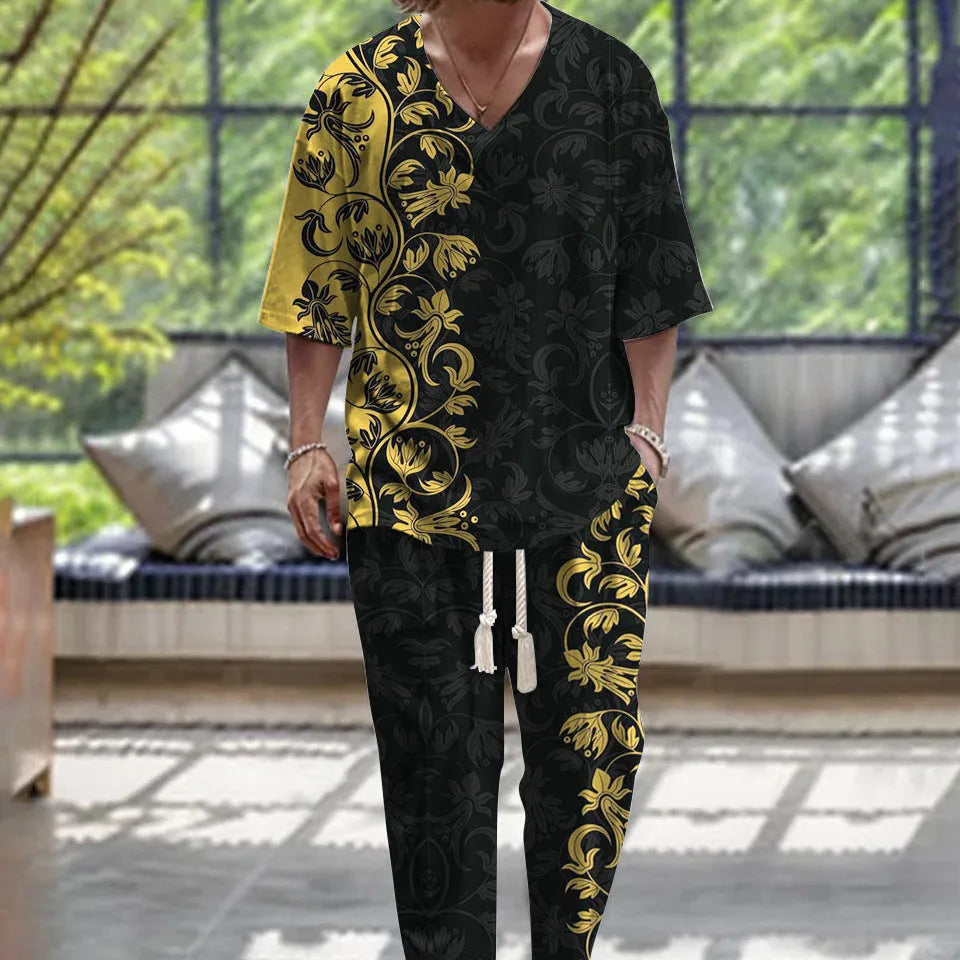 Man wearing a thin polyester V-neck trousers suit with cropped sleeves, available in multiple colours and sizes up to 6XL.