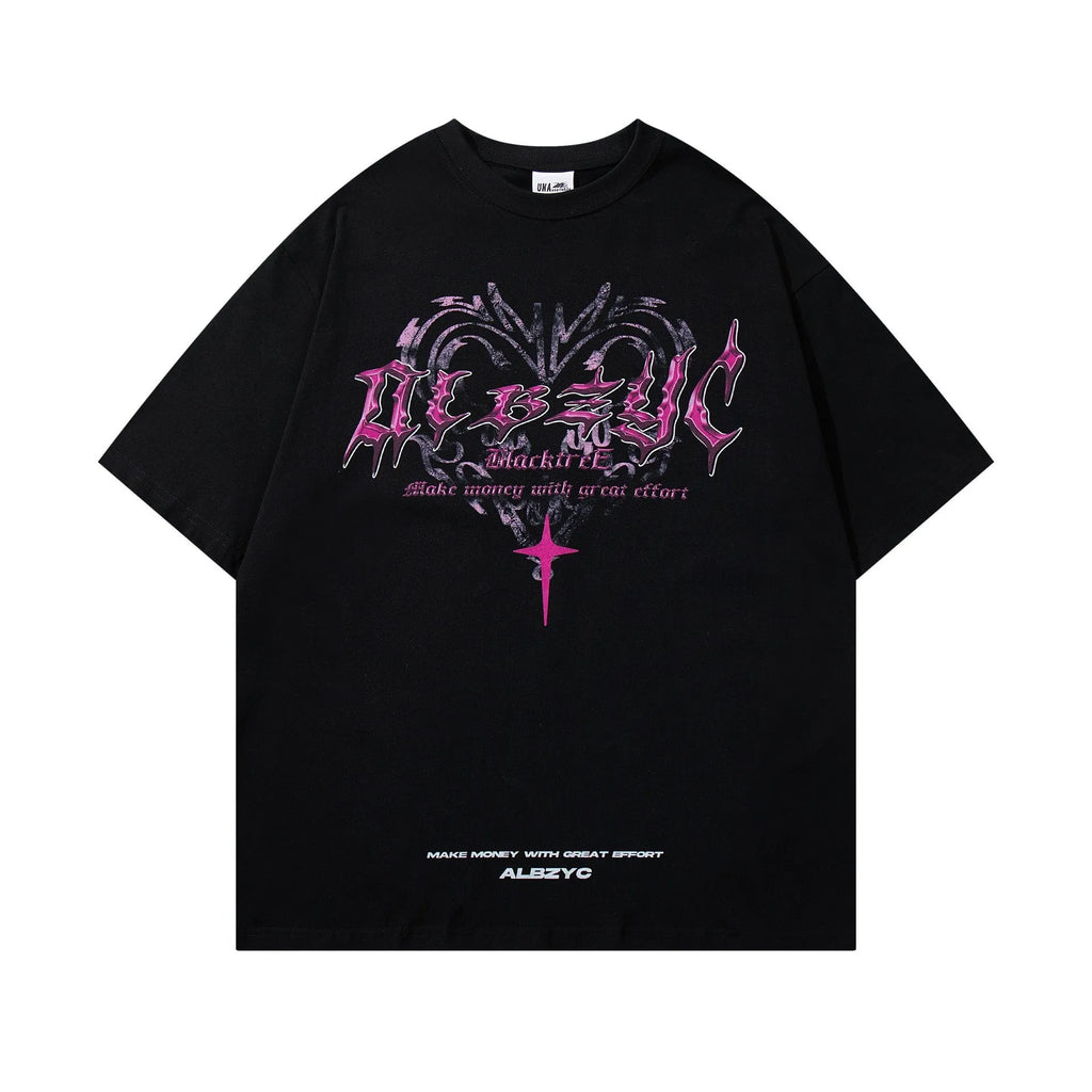Men's black cotton t-shirt with retro printed design on round neck, loose fit short sleeves